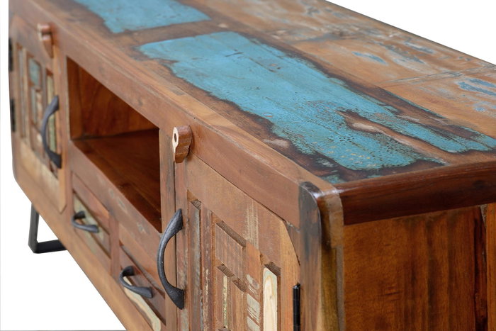 GINER Y COLOMER Mueble de TV en madera maciza reciclada con 2 puertas y 2 cajones
